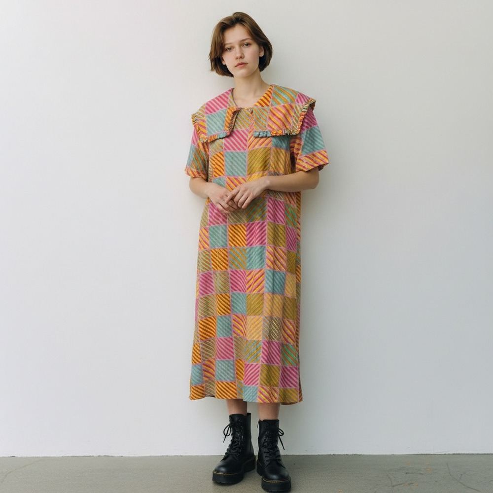 Native Youth Textured Checkerboard Ruffle Collar Maxi Dress Women's L Multicolor